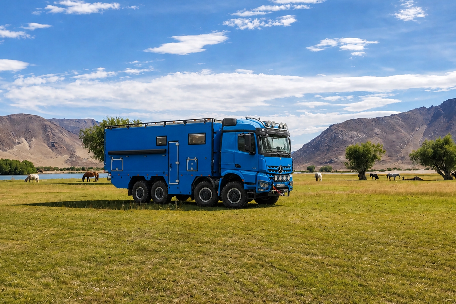 Автодом Тэнгри на шасси Mercedes-Benz Arocs 6×6 в горной долине